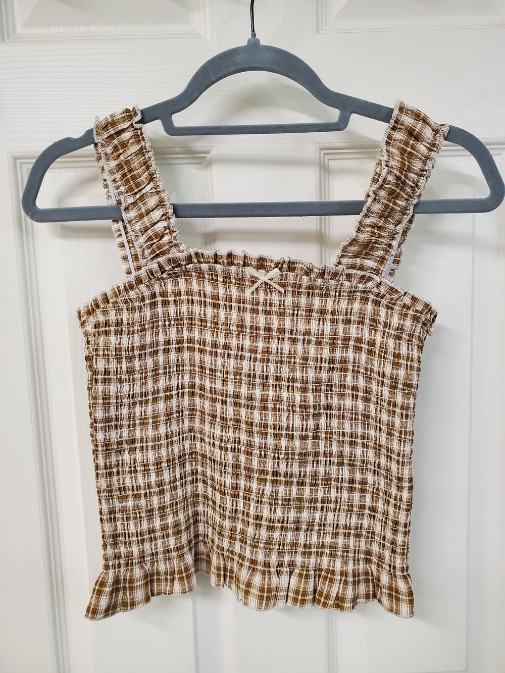 Coco & Shay Brown Smocked Plaid Tank Top